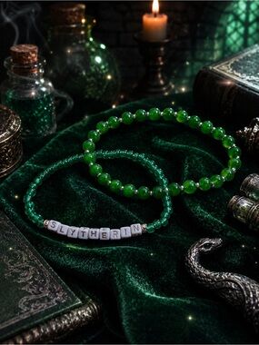 Slytherin Inspired Green Bracelet Set | Magical Emerald Beaded Duo 9”